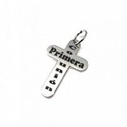Cruz colgante plata Ley 925m 30mm. letras Primera Comunión oxidado lisa bordes redondeados