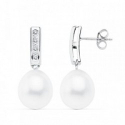 Pendientes oro 18k blanco perlas cultivadas banda circonitas [AB9403]