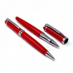 Estuche bolígrafo y roller detalles metal plateados rojo. [AB9766]