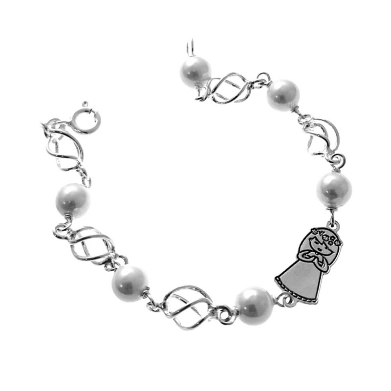 Pulsera plata Ley 925m comunión 16.5cm. motivo niña perlas jaulas cierre reasa [AC1269]