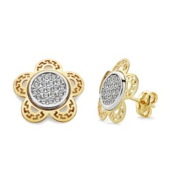 Pendientes oro 18k bicolor 12mm. flor circonitas greca [AA2081]