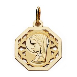 Medalla colgante oro 18k Virgen Niña 20mm. forma octogonal centro formas caladas