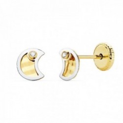 Pendientes oro bicolor 18k niña 5.5mm. luna centro tallado borde punta circonita cierre tuerca