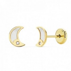 Pendientes oro 18k niña 6.5mm. luna fondo nácar borde liso punta circonita cierre tuerca