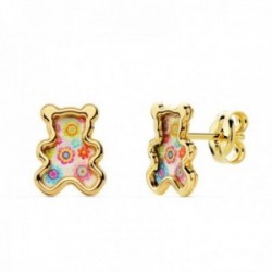 Pendientes oro 18k niña 8mm. osito fondo nácar detalles colorines borde liso cierre presión