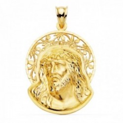 Colgante oro 18k 36mm. cabeza rostro de Cristo orla calada detalles tallados
