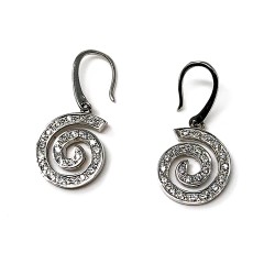 Pendientes oro blanco 18k largos espirales 15mm. circonitas cierre hippie mujer