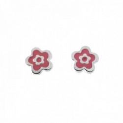 Pendientes plata Ley 925m infantil 8mm. flor rosa esmaltado cierre presión