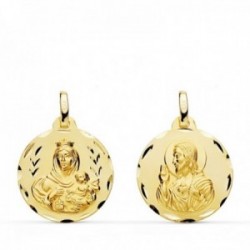 Medalla oro 18k colgante escapulario 18mm. Virgen del Carmen Corazón de Jesús tallada unisex