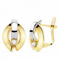 Pendientes oro 18 bicolor 14mm. bandas lisas oval circonitas cierre catalán niña