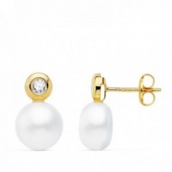 Pendientes oro 18k 13mm. perla cultivada botón 8mm. chatón circonita cierre presión niña