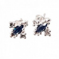 Pendientes plata Ley 925m centro circonita oval azul garras 9mm laterales circonitas blancas presión
