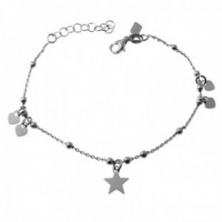 Pulsera plata Ley 925m cadena combinada 17cm. detalle corazones estrellas colgando cierre mosquetón