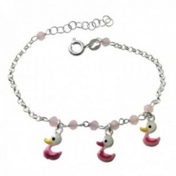 Pulsera plata Ley 925m infantil 14.5cm. cadena rolo piedras patitos esmaltados rosas colgando
