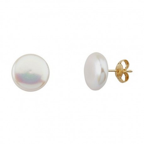 Pendientes oro 18k perla coín 10-11mm. cierre presión [5593]