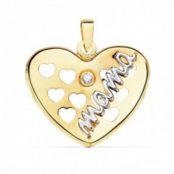 Colgante oro bicolor 18k corazón 20mm. palabra MAMÁ detalle circonita corazones calados