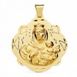 Medalla oro 18k Virgen del Carmen 42mm. forma pandereta detalles tallados
