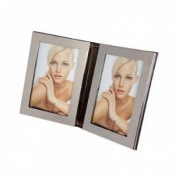 Marco portafotos doble 10x15cm. borde plateado efecto espejo trasera imitación cuero forma libro