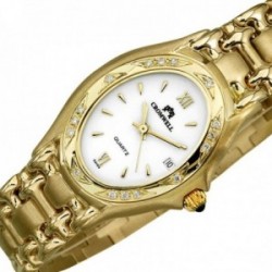 Reloj oro 18k Cromwell mujer brillo mate bisel diamantes brillantes esfera blanca calendario