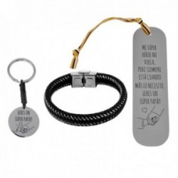 Pack padre marcapáginas pulsera llavero acero inoxidable rodiado ERES UN SÚPER PAPÁ colección Soul