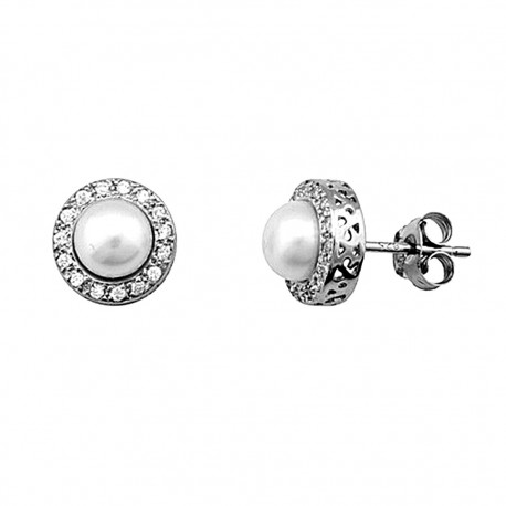 Pendientes plata Ley perla cultivada orla circonita [5205]