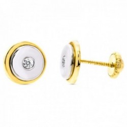 Pendientes oro bicolor 18k niña 8mm. redondos centro circonita cierre tuerca
