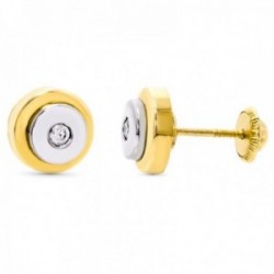 Pendientes oro bicolor 18k redondos 8mm. centro circonita cierre tuerca
