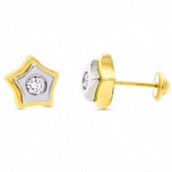 Pendientes oro bicolor 18k niña estrella 9mm. centro circonita cierre tuerca