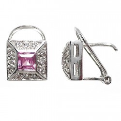Pendiente oro blanco 18k 18k circonitas piedra rosa [606P]