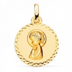 Medalla oro 18k Virgen Niña lisa redonda 16mm. detalle cerco talla cruzada
