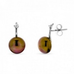 Pendientes oro blanco 18k mujer perla 10 mm. botón marrón presión