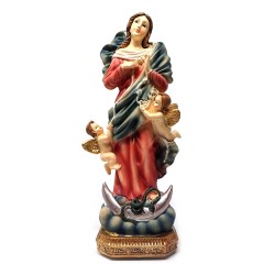 Figura Virgen María Desatanudos imagen 20cm. adorno resina decoración nube angelitos cuerda nudos