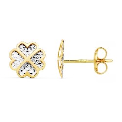 Pendientes oro bicolor 18k trébol 8mm. centro tallado presión